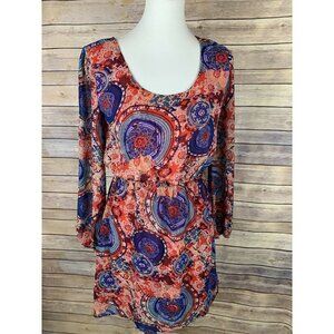 Umgee Small Boho Dress Floral Open Back Conched Waist Red Long Sleeve